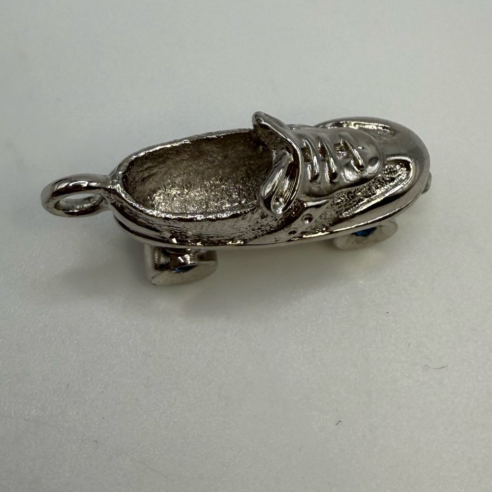 FULLER Silver Tone Roller Skate Charm Pendant Blue Rhinestone Wheels
